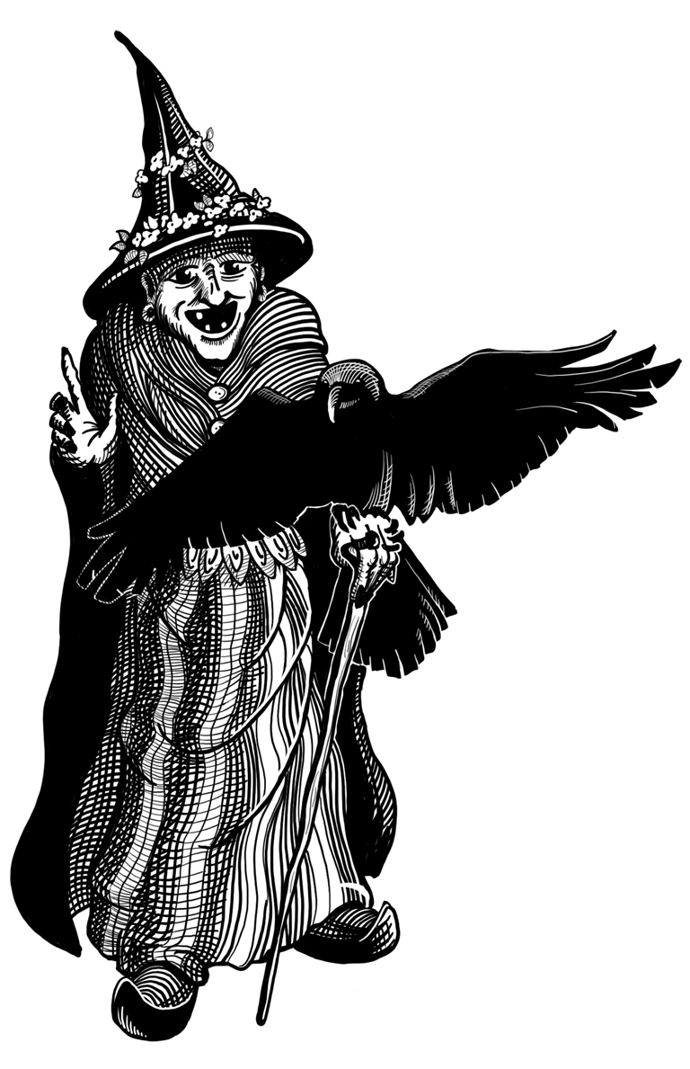A mysterious old woman with a clever crow
